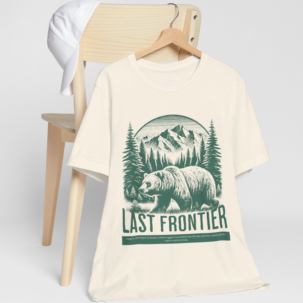 "Unisex outdoor adventure shirt with vintage Alaska bear and mountain scene"