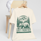 "Unisex outdoor adventure shirt with vintage Alaska bear and mountain scene"